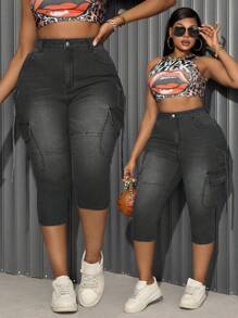 SHEIN SXY 大码女式弹力蓝色复古时尚口袋紧身牛仔长裤