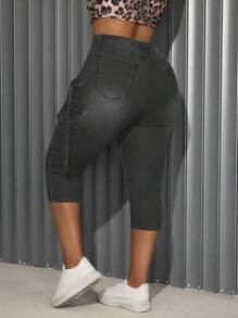 SHEIN SXY 大码女式弹力蓝色复古时尚口袋紧身牛仔长裤