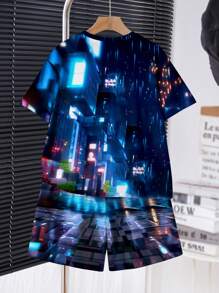 SHEIN Leap Crew 青少年男孩休闲时尚酷炫像素人物图案，赛博朋克背景印花短袖圆领两件套，夏季 - 彩色 - 查看 3