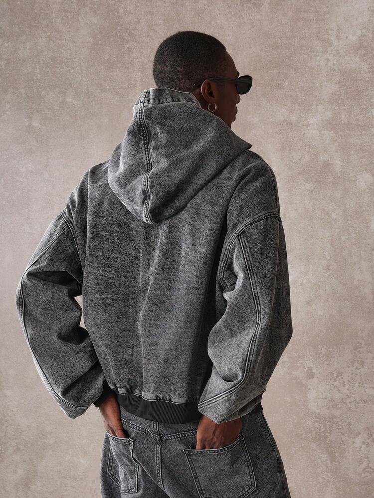 Hooded Oversized Vintage Style Stone Washed Denim Bomber Jacket
