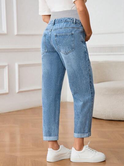 SHEIN Maternity Distressed Color Block High Waist Jeans