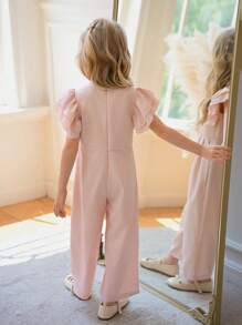 SHEIN Young GirlV-Neck Multi-Layer Ruffle Designed Fitted Pink Jumpsuit - Pink - View 2