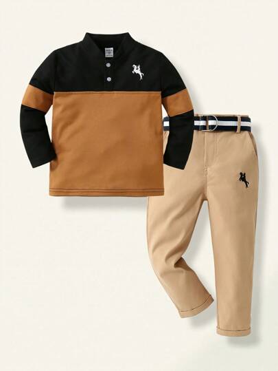 SHEIN Young Boy's Color-Blocking Horse Pattern T-Shirt And Tapered Pants Chic Outfits For Autumn/Winter
