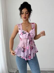 Elenzga 浪漫玫瑰网眼印花束腰吊带背心 - 淡紫色 - 查看 5