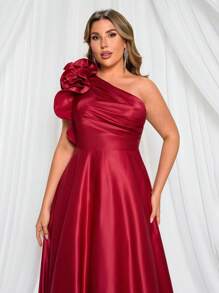 Glamrae Váy dạ hội trang trọng cổ bất đối xứng có chi tiết hoa xếp nếp thanh lịch cỡ lớn màu đỏ, váy dự tiệc, dành cho khách dự tiệc cưới - Đỏ - Xem 2