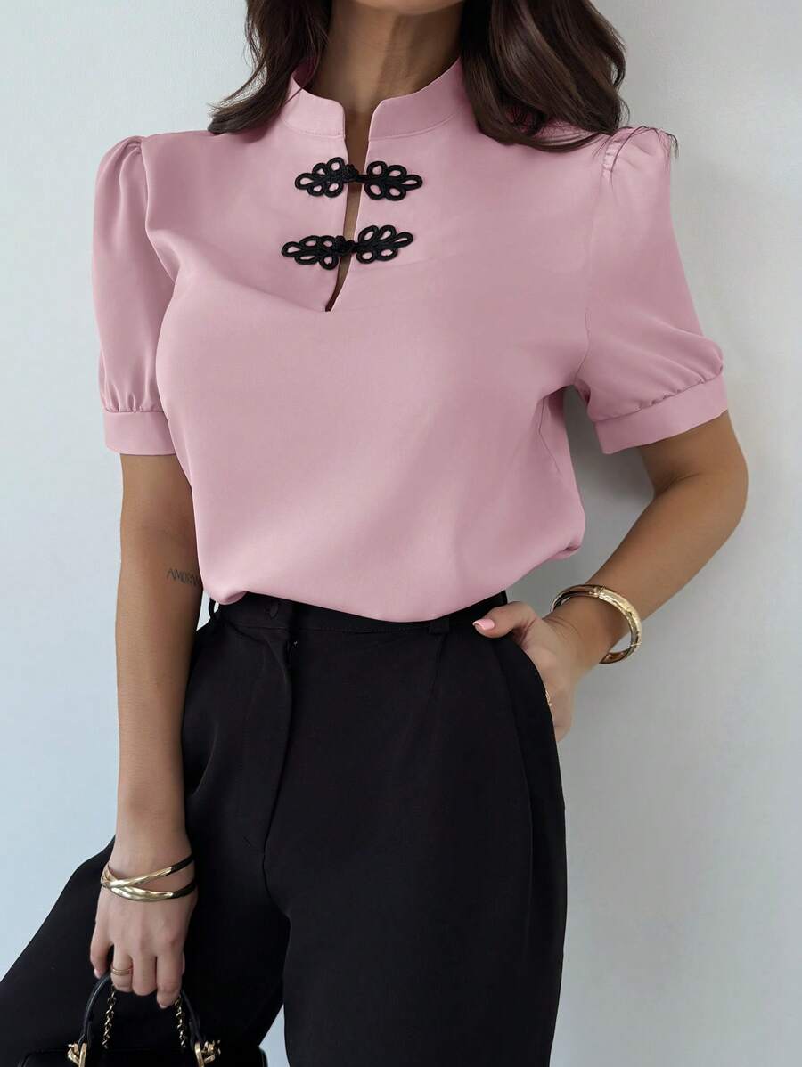 Firerie Blusa abotonada de manga abullonada con bloques de color, elegante y romántica, para mujer, para primavera/verano - Rosa - Ver 1