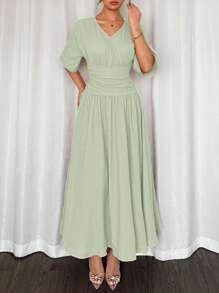 Firerie 女士休闲优雅 V 领短袖 A 字中长连衣裙，腰部拉链和褶饰，橙色，适合日常、通勤、度假穿着 - 薄荷綠 - 查看 6