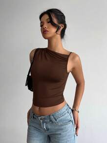 Aloruh Top corto senza maniche con scollo tondo arricciato, elegante e sensuale, da donna