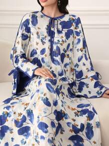 Al Najma 女士植物印花圆领撞色喇叭袖宽松连衣裙 - 寶藍色 - 查看 3