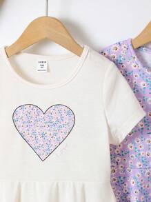 Elladie kids 2件組少女休閒彩色彩虹愛心印花短袖洋裝套裝，夏季女孩休閒洋裝 - 彩色 - 查看 3