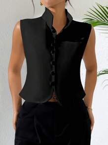 Rafferiza Summer Casual Solid Color Stand Collar Sleeveless Shirt - Black - View 3