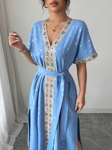 Elenzga 春夏新款蓝色碎花波点V领束腰A字短袖连衣裙 - 藍色 - 查看 5