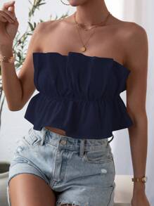 SHEIN Privé Áo ống nhún cắt ngắn màu trơn không dây cho nữ ngày lễ - Màu xanh hải quân - Xem 6