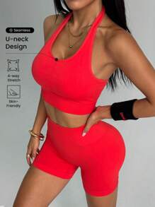 Easithlete Women Solid Color Cropped Halter Neck Tank Top & Shorts Sports Set - Red - View 1