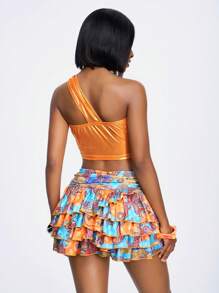 Slaydiva 2025 Spring/Summer New Casual Holiday Gathering One Shoulder Coated Vest & Layered Ruffle Skater Skirt Set For Plus Size Women - Multicolor - View 2