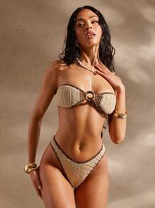 Hauture Bikini a uncinetto a 3 toni con anello di legno, sexy per le vacanze