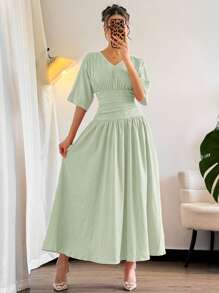 Firerie 女士休闲优雅 V 领短袖 A 字中长连衣裙，腰部拉链和褶饰，橙色，适合日常、通勤、度假穿着 - 薄荷綠 - 查看 7