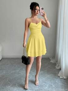 Chiquease White Color Sexy Backless Sleeveless Ruched Yellow Dress,Women Birthday Outfits,Concert Outfits,Date Night Dress,Holiday Carnival Party Dress, Women Short Dresses Summer - Yellow - View 3