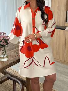 SHEIN LUNE Plus Size Summer Contrast Floral Print Button Front Loose Dress - Multicolor - View 3