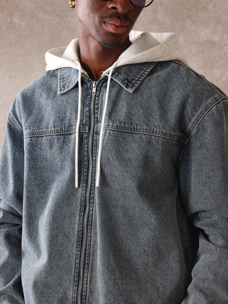 SUMWON Classic Denim Trucker Jacket With Hoodie Insert Distressed Style Winter Outerwear Street Style Layered Look Urban Fashion Statement