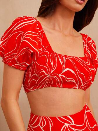 L'Amorae 女士泡泡袖褶饰短款上衣