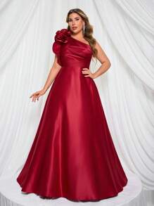 Glamrae Váy dạ hội trang trọng cổ bất đối xứng có chi tiết hoa xếp nếp thanh lịch cỡ lớn màu đỏ, váy dự tiệc, dành cho khách dự tiệc cưới - Đỏ - Xem 7