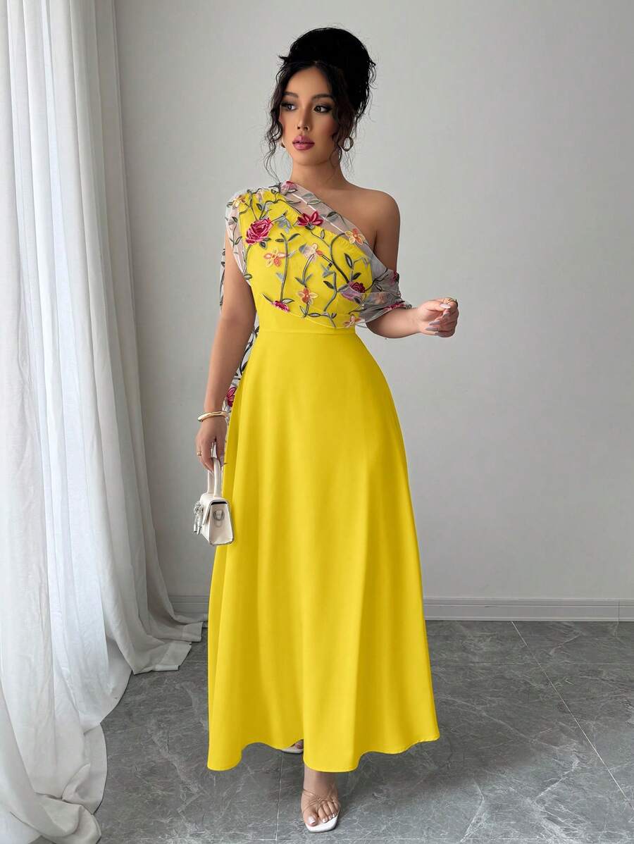 Elenzga Gaun Maxi Wanita Elegan dengan Leher Asimetris, Bordir Jala, dan Hem Mengembang, Pakaian Sehari-hari Serbaguna, Musim Semi/Panas - MultiWarna - View 1