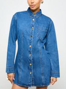 AiiRZ Vestido mini ajustado con botones delanteros, vestido camisa de mezclilla de manga larga con cuello, uso casual de día de otoño e invierno, estilo clásico occidental - Azul - Ver 5