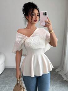 Elenzga 新款杏色挂脖披肩领镂空腰部 A 字衬衫，优雅约会，春夏季 - 杏色 - 查看 4