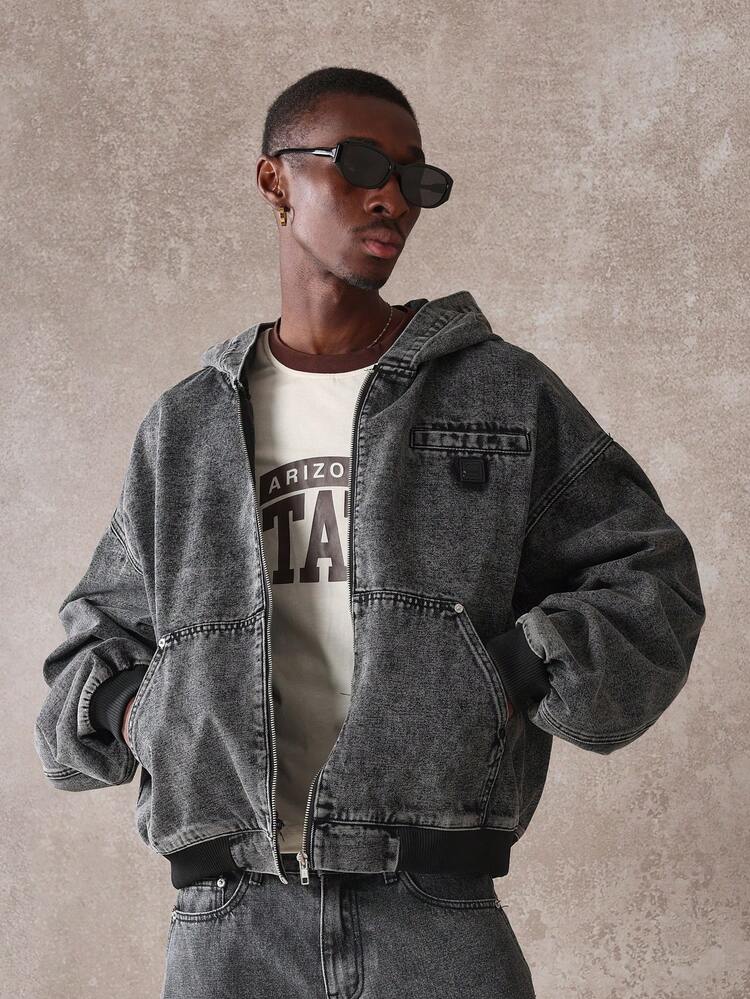Hooded Oversized Vintage Style Stone Washed Denim Bomber Jacket