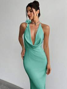 Firerie 全新优雅浪漫杏色缎面垂坠领口露背鱼尾长裙，适合约会之夜