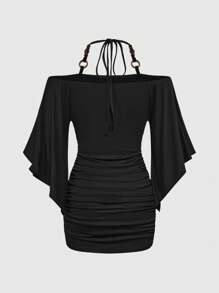 ROMWE Hippie Vintage Oversized Wood Beads Decor Batwing Sleeve Mini Dress For Women