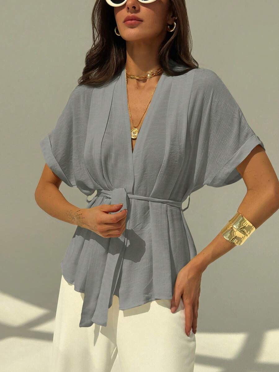 Aloruh Camisa de mujer de manga corta lisa, moda adecuada para el verano - Gris Claro - Ver 1