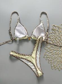 Swim Vcay Set de 2 bikinis sexy con cuello de halter y decoración metálica con estampa aleatoria, para el verano