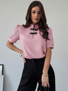 Firerie Blusa abotonada de manga abullonada con bloques de color, elegante y romántica, para mujer, para primavera/verano - Rosa - Ver 4