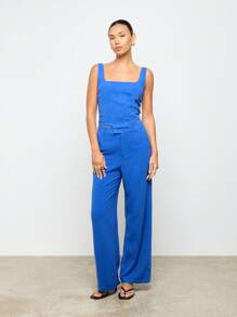 AiiRZ Leinen Korsett Crop Top mit Knochen, breite Träger, quadratischer Ausschnitt, ärmellos, figurbetont für Nachtausgänge, Partys, Urlaub, Resort