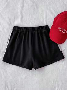 SHEIN Teengirl 黑色学院风休闲纯色宽松短裤，撞色白色抽绳蝴蝶结装饰，休闲甜美户外短裤 - 黑色 - 查看 2