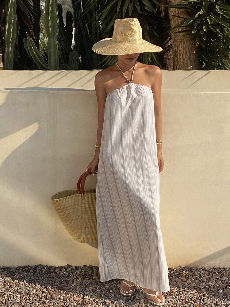 Women's Striped Halter-Neck Loose Mid-Calf Vacation Dress, Summer,Casual Women Dresses