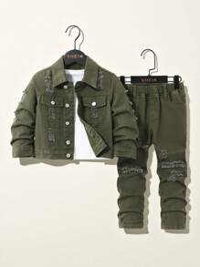 SHEIN Explorewe 2pcs Young Boy Casual Green Washed Denim Jacket Jeans Set, For Everyday & Back To School Wear Chic Outfits For Autumn/Winter - Army Green - View 1