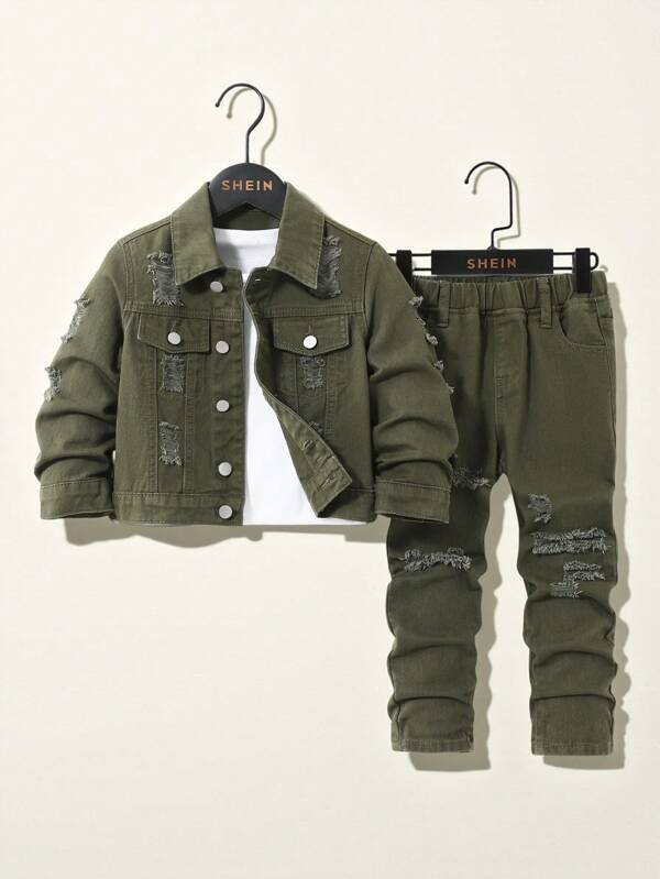 SHEIN 2 Stücke Kleine Jungen Lässig set aus verwaschenem grünem Denim Jacke und Denim, für Alltag & Schule