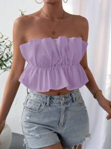 SHEIN Privé Casual Solid Crinkle Tube Top Shirt, Summer - Violet Purple - View 5