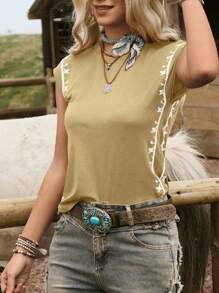 LanaWest Camiseta casual feminina com bordado country e manga curta, adequada para casa e atividades ao ar livre - Caqui - Ver 4