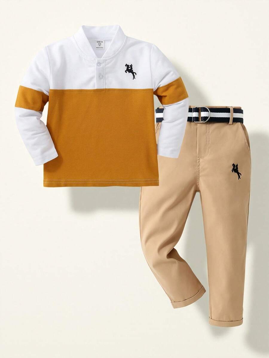SHEIN 2入組男孩騎馬印花長袖上衣和長褲套裝 - 黃色 - 查看 1