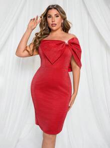 SHEIN Belle Abito elegante rosso da cerimonia taglie forti con scollo a fiocco, abito da festa, adatto per cocktail - Rosso - Visualizzare 4