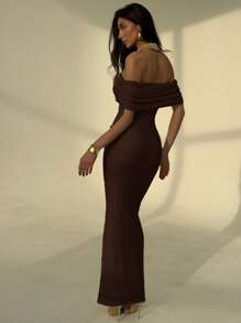 Aloruh Abito aderente da donna con spalle scoperte, in tessuto strutturato, adatto per appuntamenti, vacanze, primavera/estate - Castano - Visualizzare 2