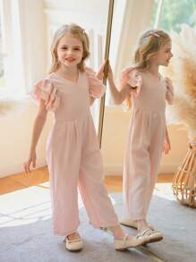 SHEIN Young GirlV-Neck Multi-Layer Ruffle Designed Fitted Pink Jumpsuit - Pink - View 4