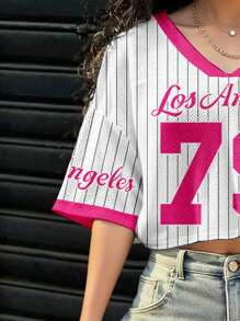 SHEIN EZwear 女士休闲V领宽松短款5/7袖网眼T恤，适合夏季运动街头风格，数字79条纹印花 - 彩色 - 查看 5