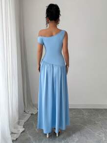 Elenzga New Elegant Blue Asymmetric Design Button Detail Slim Fit Summer Dress - Blue - View 2