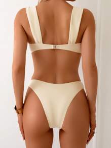 SHEIN Swim 女士纯色扭纹前开式性感比基尼套装，适合夏季海滩 - 杏色 - 查看 2