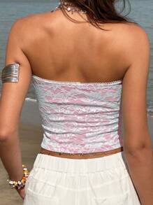 Jouncy Women's Vacation Floral Lace Fitted Bustier Top - Pink - View 2